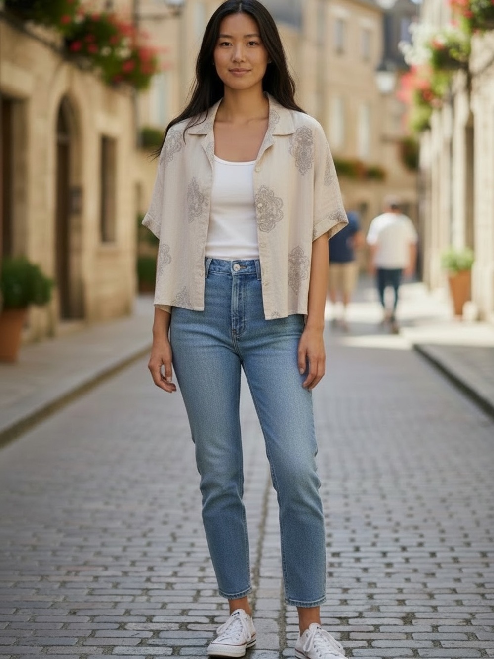 Civico 51 Made in Italy Linen Blend Beige Print Button Front Crop Shirt  S NWT